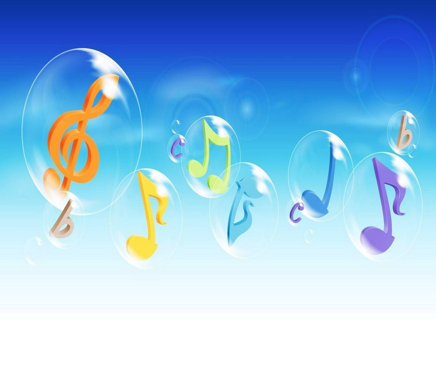 音樂 桌布 壁紙 — 色彩繽紛的音符在透明氣泡內漂浮，背景是漸層藍色天空。