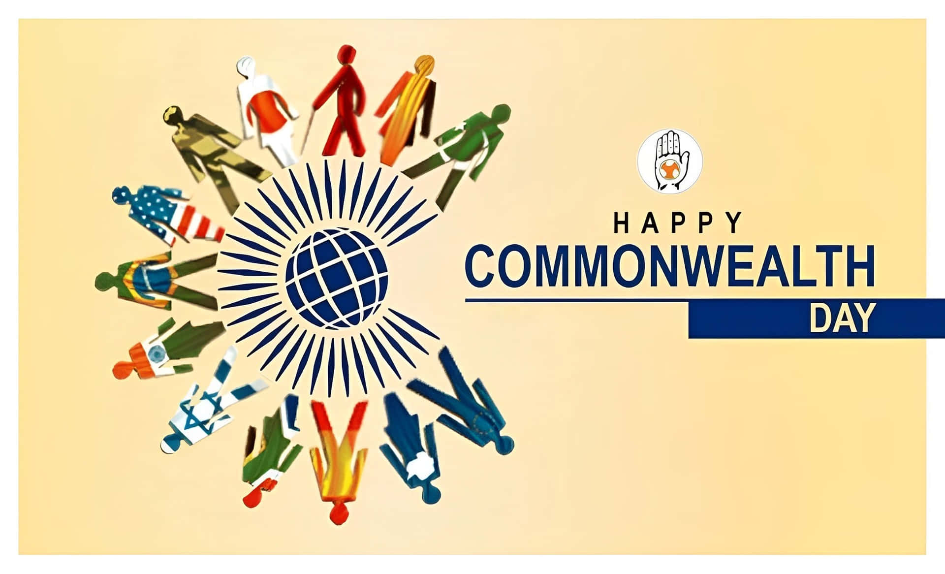 Commonwealth Day 桌布 壁紙 — 色彩繽紛的風格化人物穿著多樣服飾，圍繞著帶有太陽光線的地球儀，慶祝大英國協日。