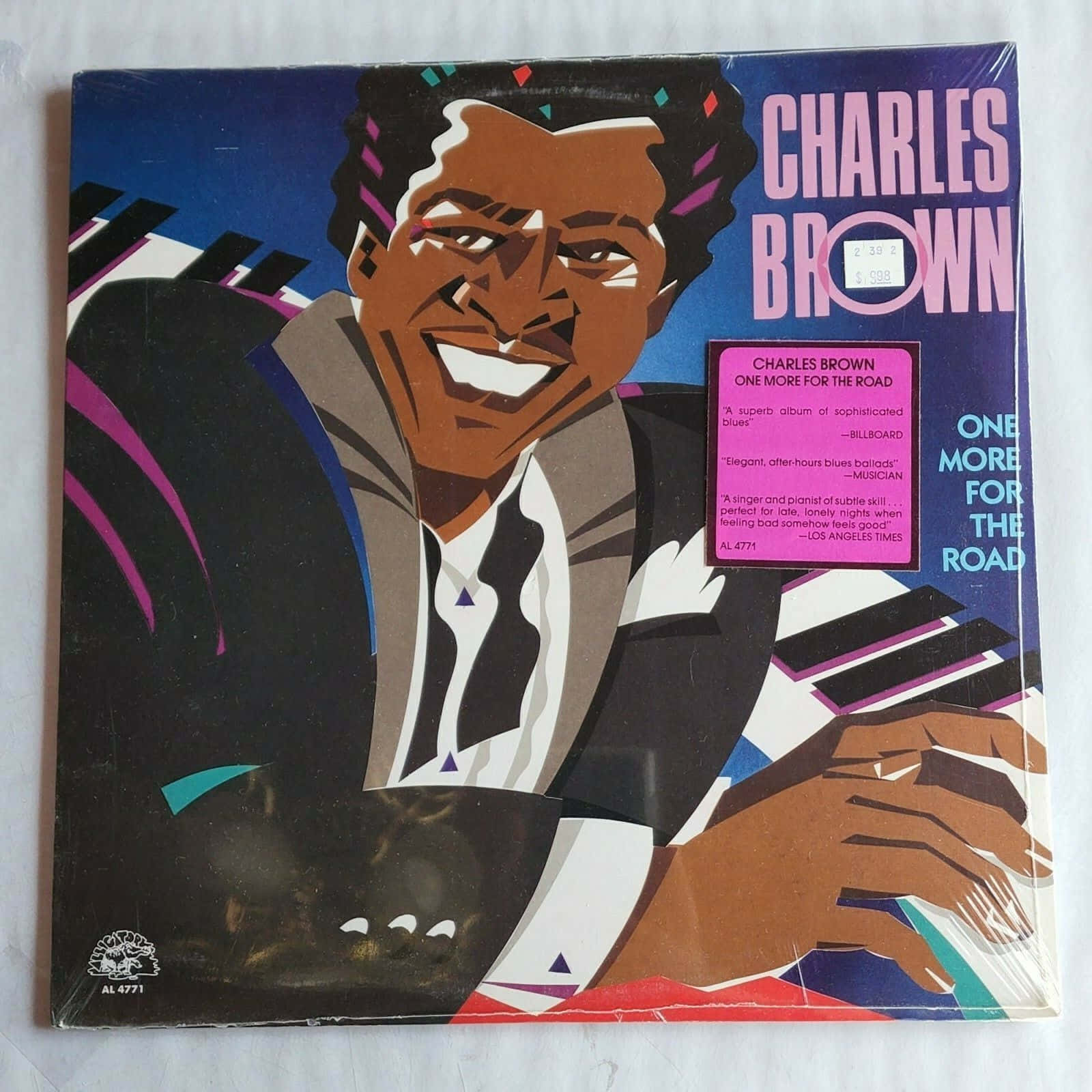 band 桌布 壁紙 — 色彩繽紛的風格化插圖，描繪爵士音樂家Charles Brown在彩色專輯封面上微笑彈奏鋼琴。