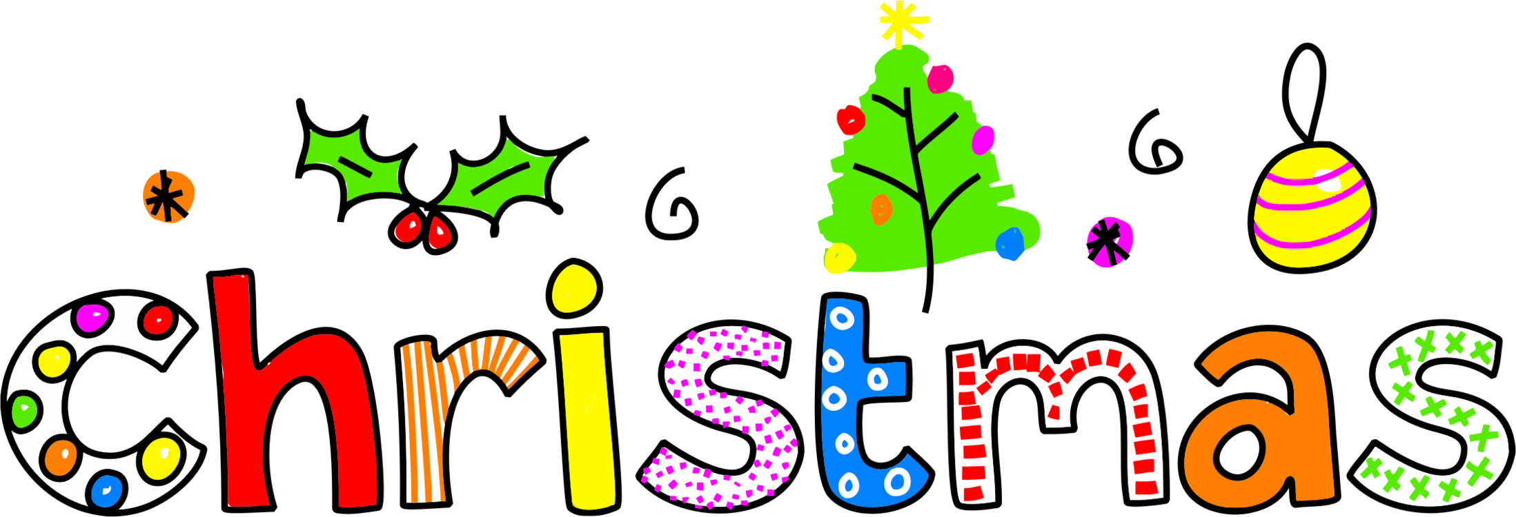 Christmas Clip Art 桌布 壁紙 — 色彩繽紛的風格化聖誕字母，飾有裝飾品、冬青和樹木，背景為黑色。