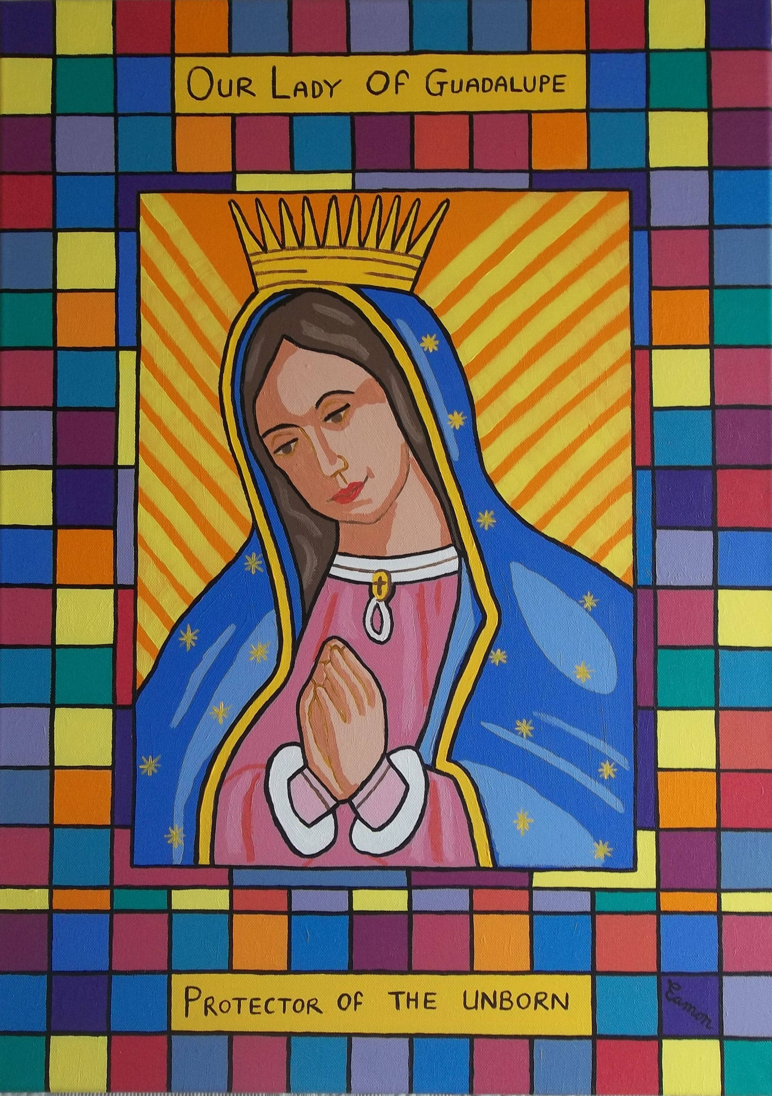 Catholic 桌布 壁紙 — 色彩繽紛的馬賽克背景上，描繪瓜達盧佩聖母帶著金色皇冠和藍色斗篷的鮮豔彩繪玻璃風格畫作。
