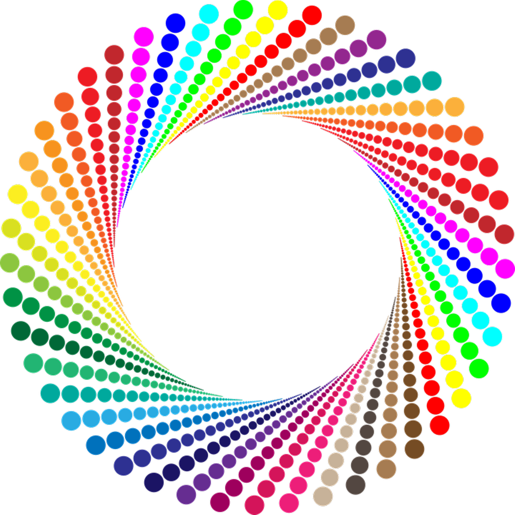 Circle Logo 桌布 壁紙 — 色彩繽紛的點點形成充滿活力的同心弧，在黑色背景上向內螺旋，形成彩虹漩渦。