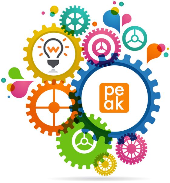 graphic design 桌布 壁紙 — 色彩繽紛的齒輪圍繞中央的「peak」標誌和燈泡圖示相互嚙合，象徵創新與團隊合作。