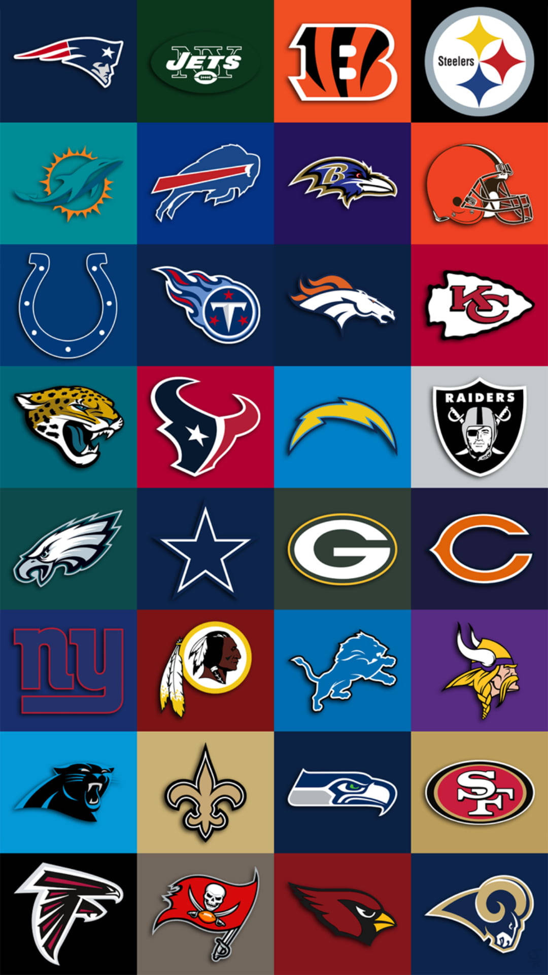 以彩色網格排列的NFL球隊標誌集合。 — NFL GIF 壁紙