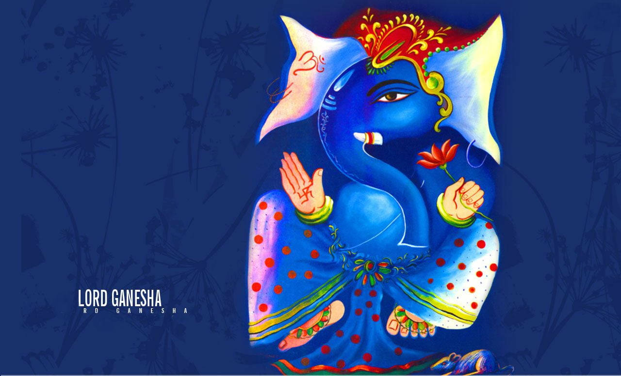 Ganesh 桌布 壁紙 — 色彩鮮明的藍色象頭神像，手持紅花並作祝福手勢，背景為深藍色並帶有花卉剪影。