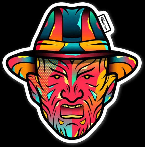 佛莱迪·克鲁格 桌布 壁紙 — 色彩鮮明的風格化 Freddy Krueger 面孔，戴著軟呢帽，帶有半色調圖案和霓虹色調，背景為黑色。