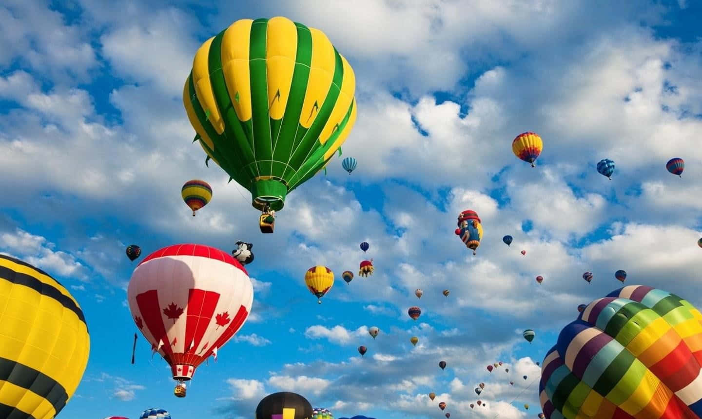 Balloon 桌布 壁紙 — 色彩鮮豔、圖案大膽的熱氣球在點綴著蓬鬆白雲的明亮藍天中翱翔。