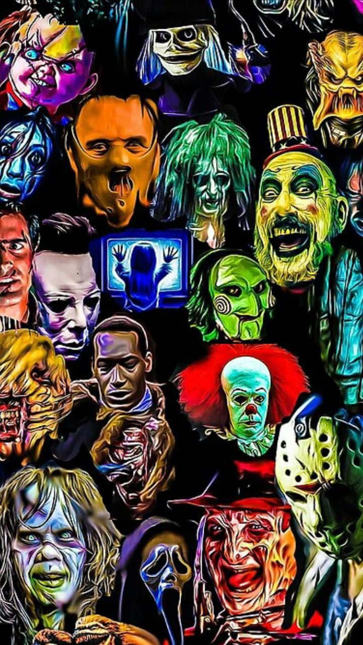 Horror Icons 桌布 壁紙 — 色彩鮮豔、表情強烈的經典恐怖片反派拼貼畫。