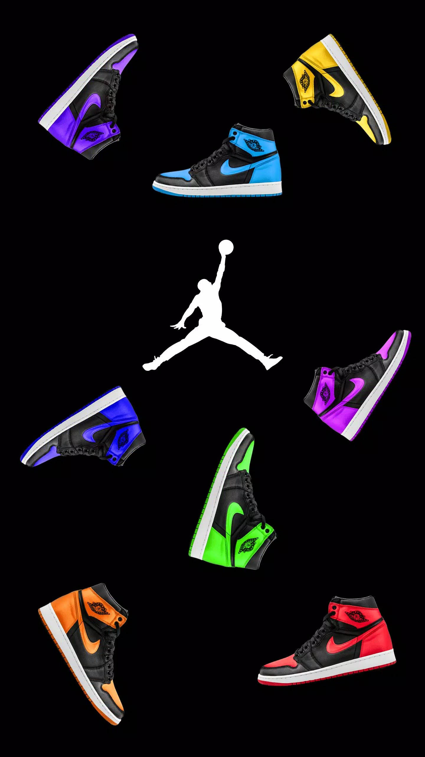Nike Shoes 桌布 壁紙 — 色彩鮮豔的 Jordan 1 運動鞋以鮮明色調圍繞中央白色 Jumpman 標誌，背景為純黑色。