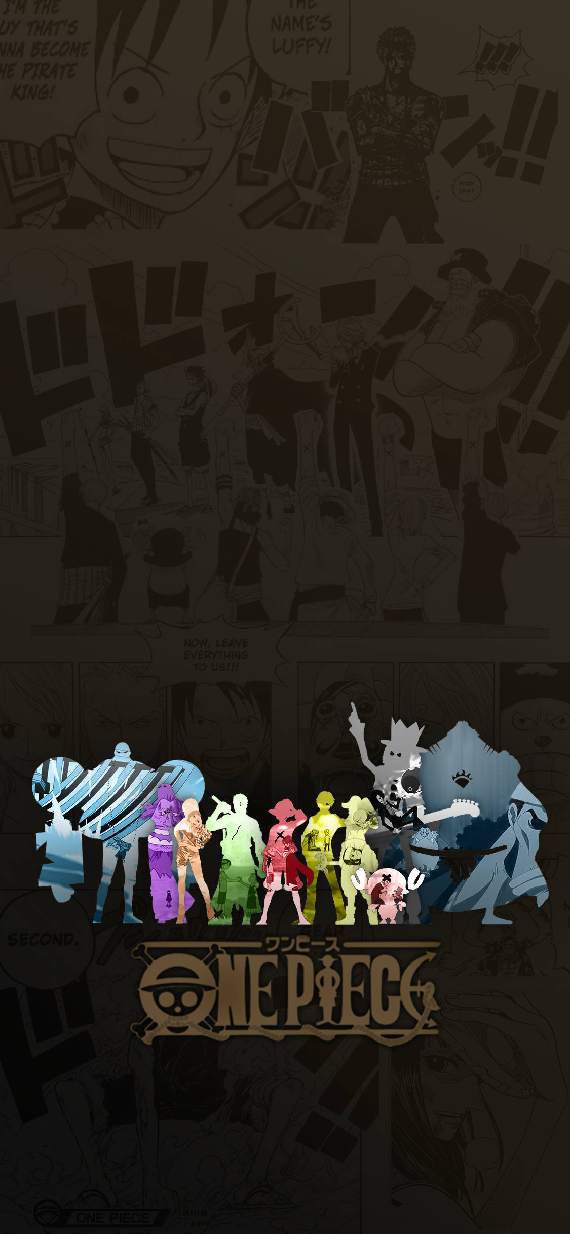 海賊王 iPhone 壁紙 桌布 壁紙 — 色彩鮮豔的《One Piece》船員剪影，在黑暗的漫畫面板背景前排列成彩色前排。