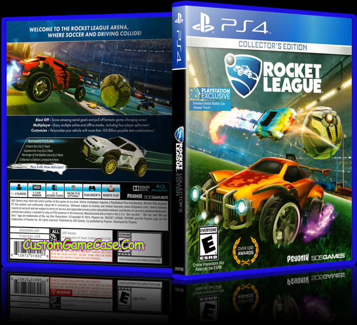 電玩遊戲 桌布 壁紙 — 色彩鮮豔的 PlayStation 4 Rocket League 收藏版遊戲盒， featuring 火箭動力汽車在體育場競技場中空中飛馳。