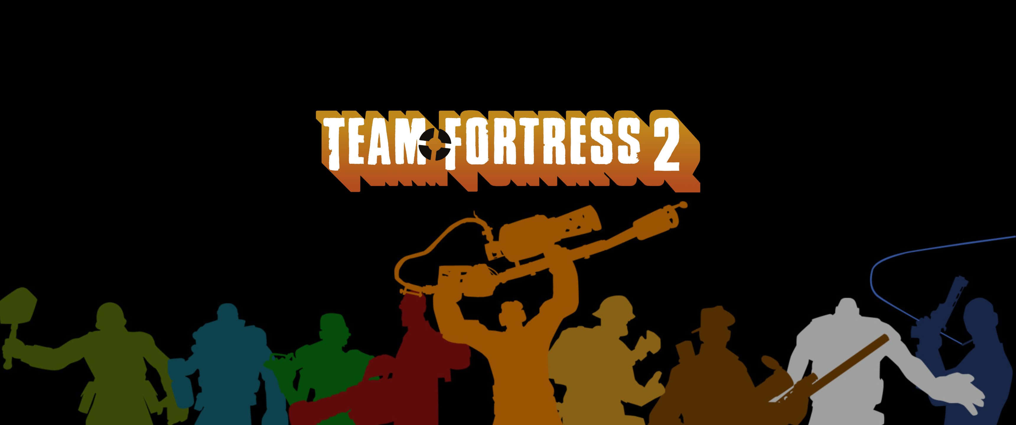 3440x1440p Tf2 桌布 壁紙 — 色彩鮮豔的 Team Fortress 2 剪影角色站在黑色背景上，遊戲標題下方。