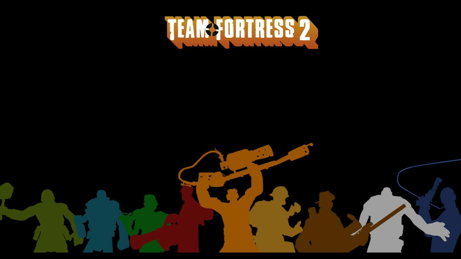 1920x1080 Tf2 桌布 壁紙 — 色彩鮮豔的 Team Fortress 2 剪影角色站在黑色背景上，遊戲標題下方。