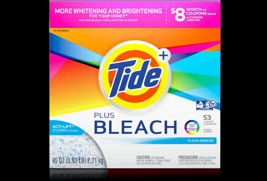 死神 桌布 壁紙 — 色彩鮮豔的 Tide Plus Bleach 洗衣粉盒，帶有彩虹漸層和粗體文字，宣傳增白效果和優惠券。
