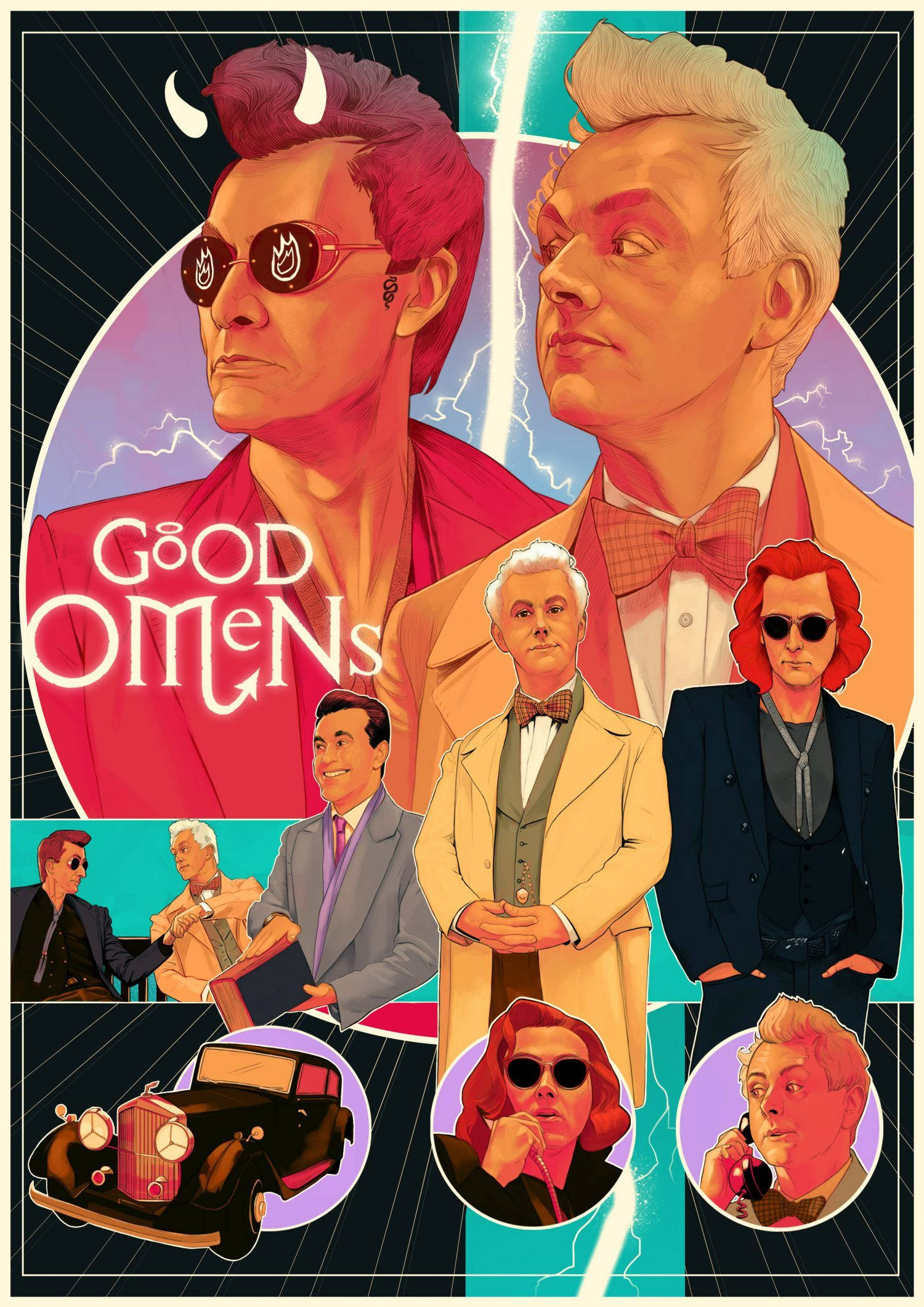 Good Omens 桌布 壁紙 — 色彩鮮豔的《好預兆》角色插畫海報，帶有鮮明的色彩和戲劇性的燈光效果。