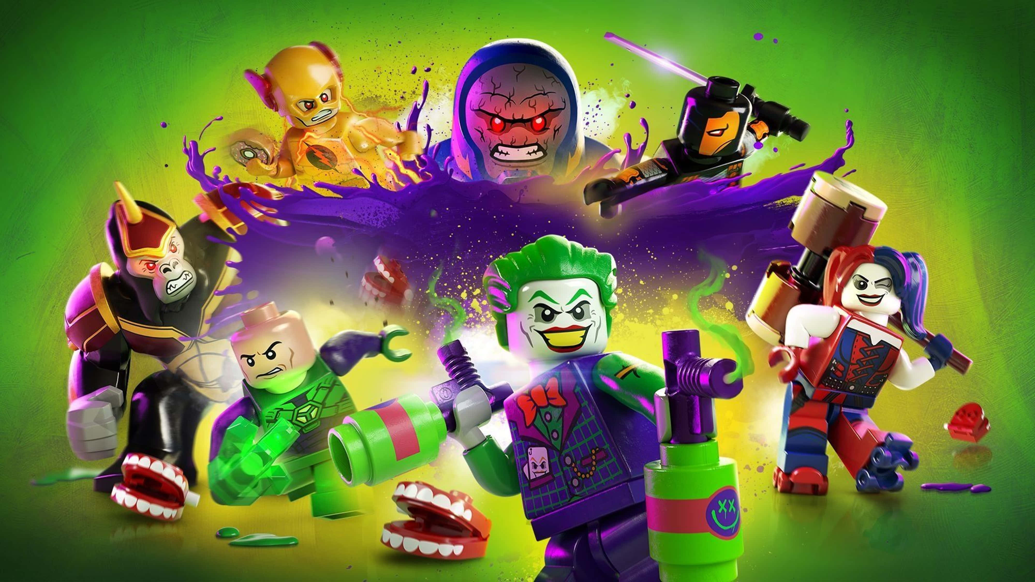 Villain 桌布 壁紙 — 色彩鮮豔的LEGO DC反派在霓虹綠和紫色背景上爆發混亂的動作。