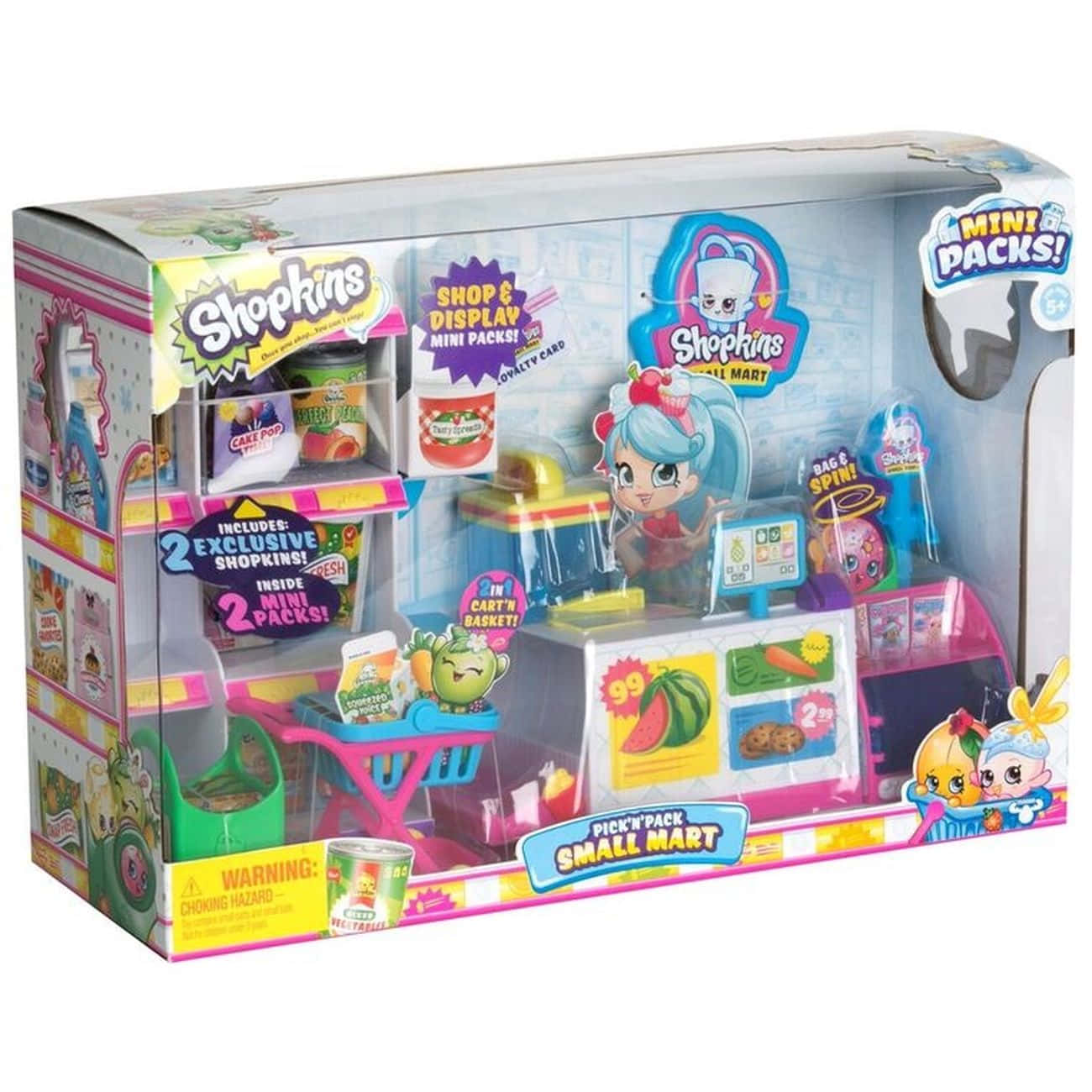 Shopkins 桌布 壁紙 — 色彩鮮豔的Shopkins玩具套裝，設有迷你雜貨店，配有卡通人物和產品展示。