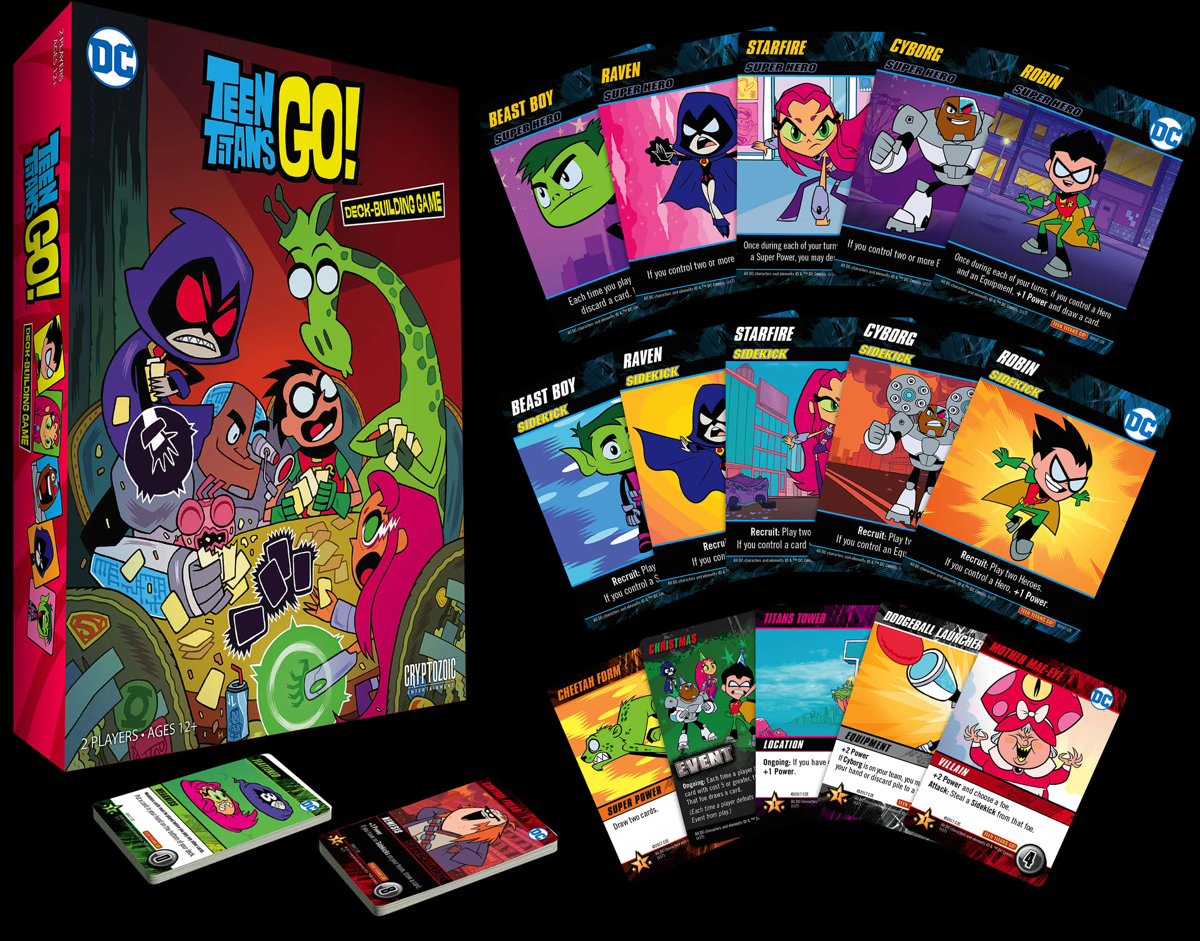 Teen Titans Go Raven 桌布 壁紙 — 色彩鮮豔的Teen Titans Go!卡牌遊戲盒和角色卡展示在黑色背景上。