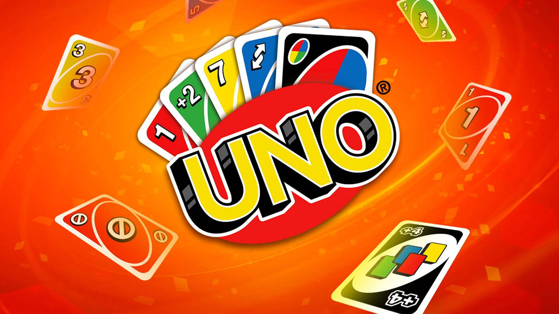 Uno 桌布 壁紙 — 色彩鮮豔的UNO卡圍繞著大膽的標誌，在火熱的橙色漸變背景上爆炸。
