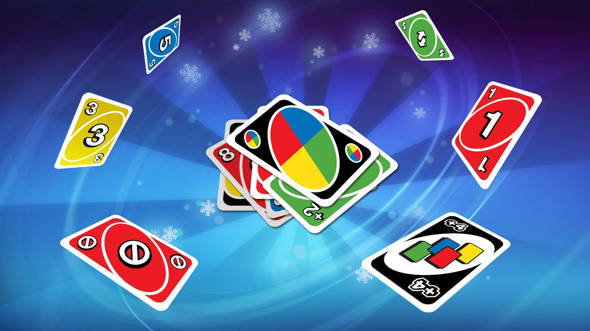Uno 桌布 壁紙 — 色彩鮮豔的Uno卡在旋轉的藍色背景上動態漂浮，伴有雪花和發光的光線。
