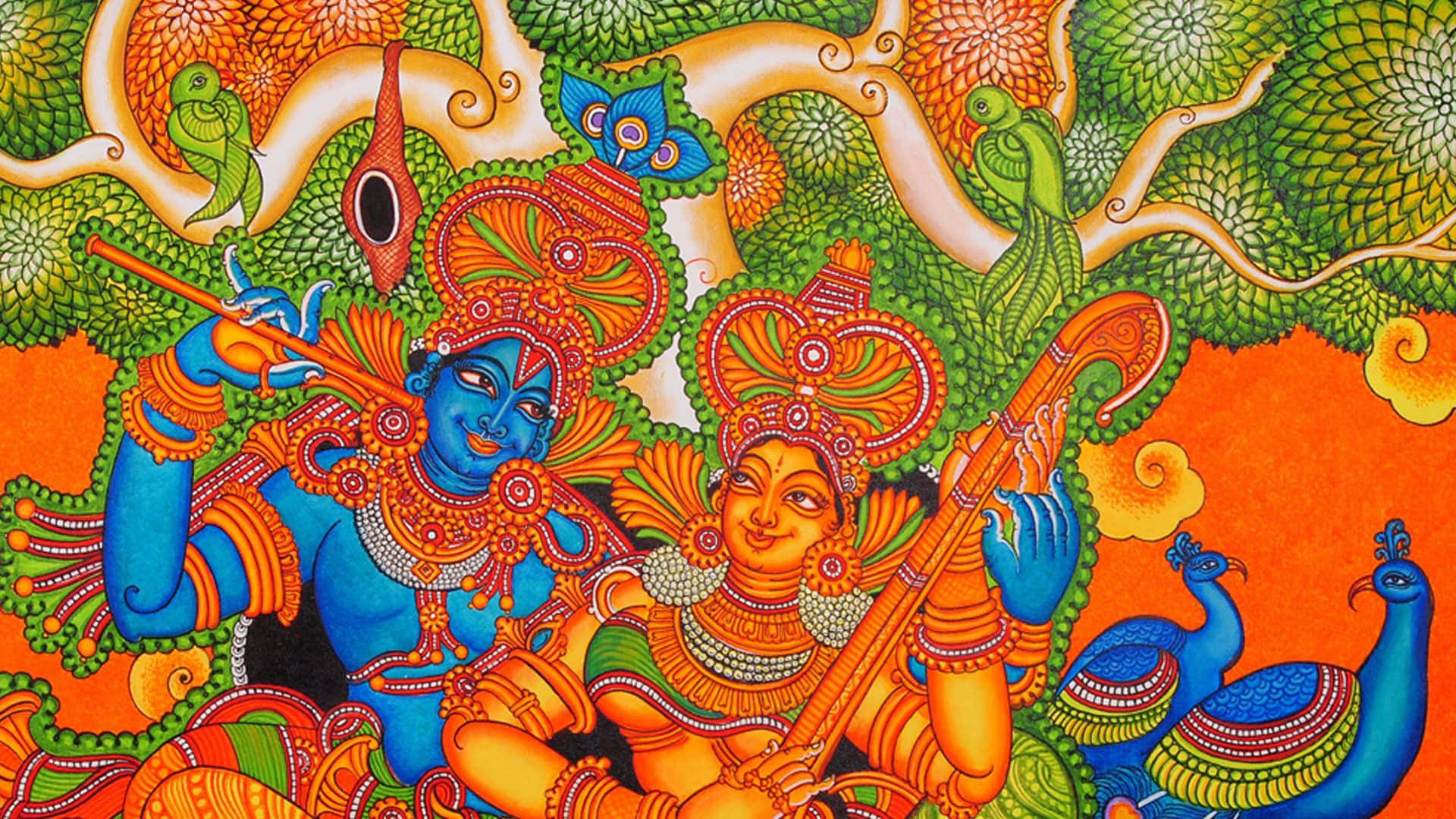 India 桌布 壁紙 — 色彩鮮豔的傳統印度插圖，描繪克里希納和拉妲在風格化的樹下與孔雀一起演奏樂器。