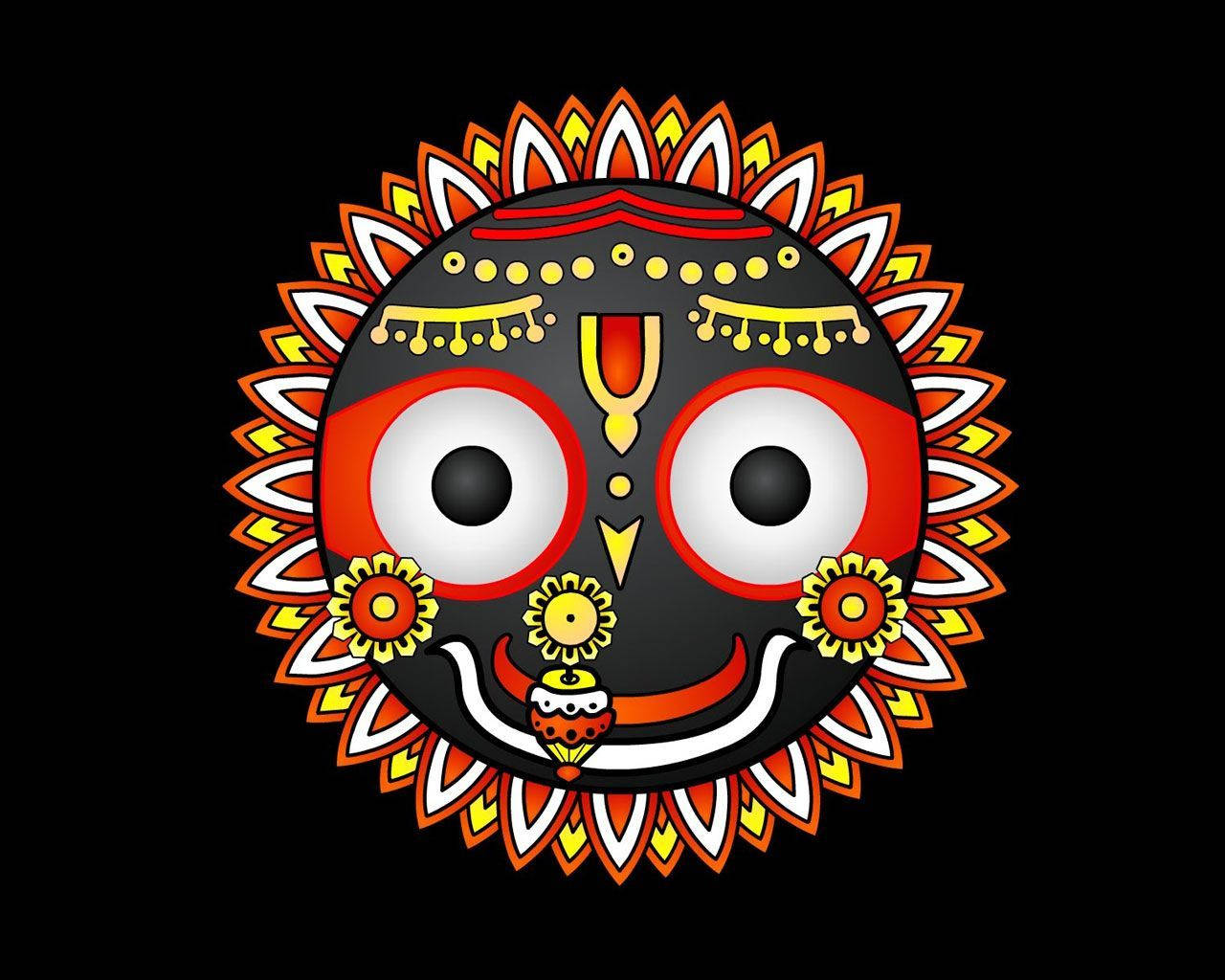 Jagannath 桌布 壁紙 — 色彩鮮豔的傳統印度神祇面孔，紅眼睛，華麗花卉圖案，黑色背景。