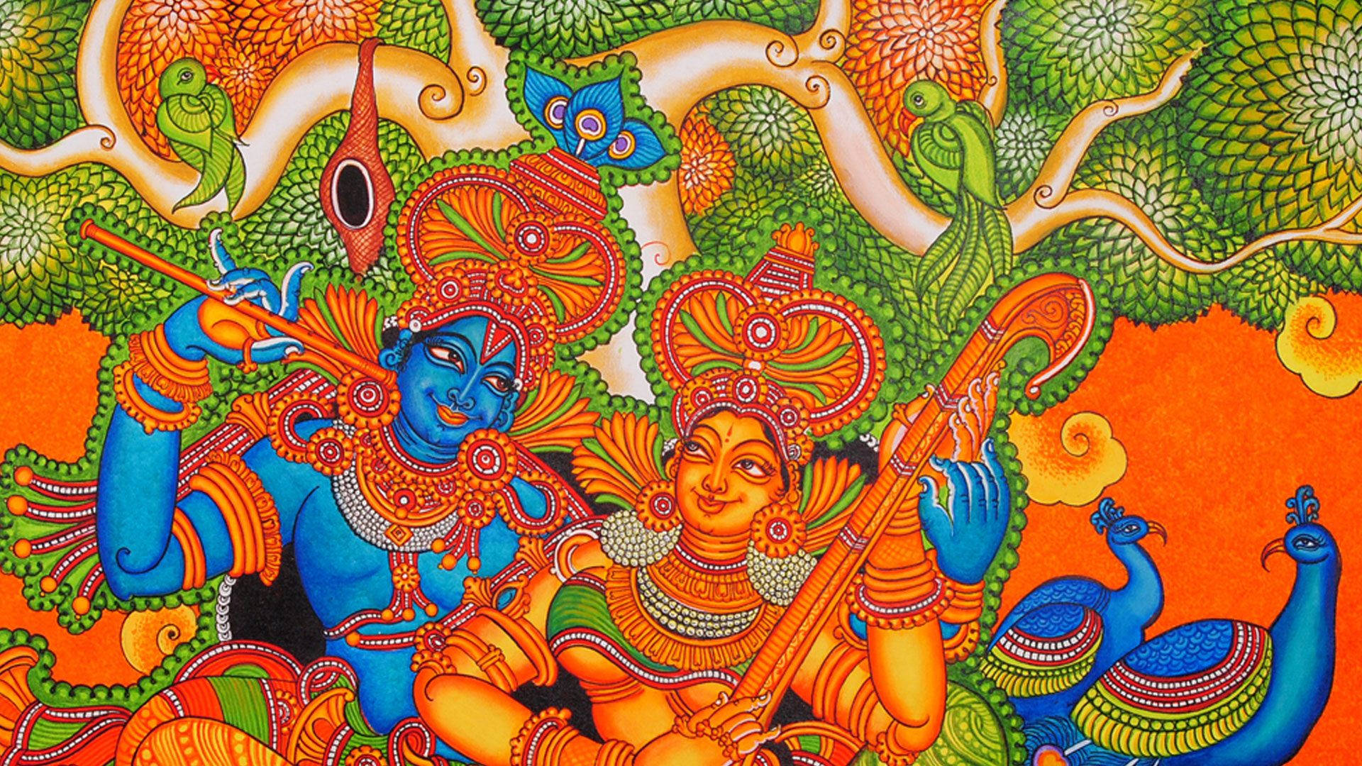 Folk Art 桌布 壁紙 — 色彩鮮豔的傳統印度藝術描繪藍皮膚的克里希納和拉妲在風格化的樹下與孔雀一起演奏樂器。