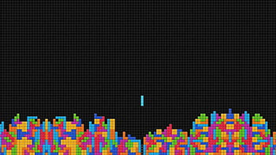 Minimalist Retro 桌布 壁紙 — 色彩鮮豔的像素化俄羅斯方塊在黑色網格背景上層疊。