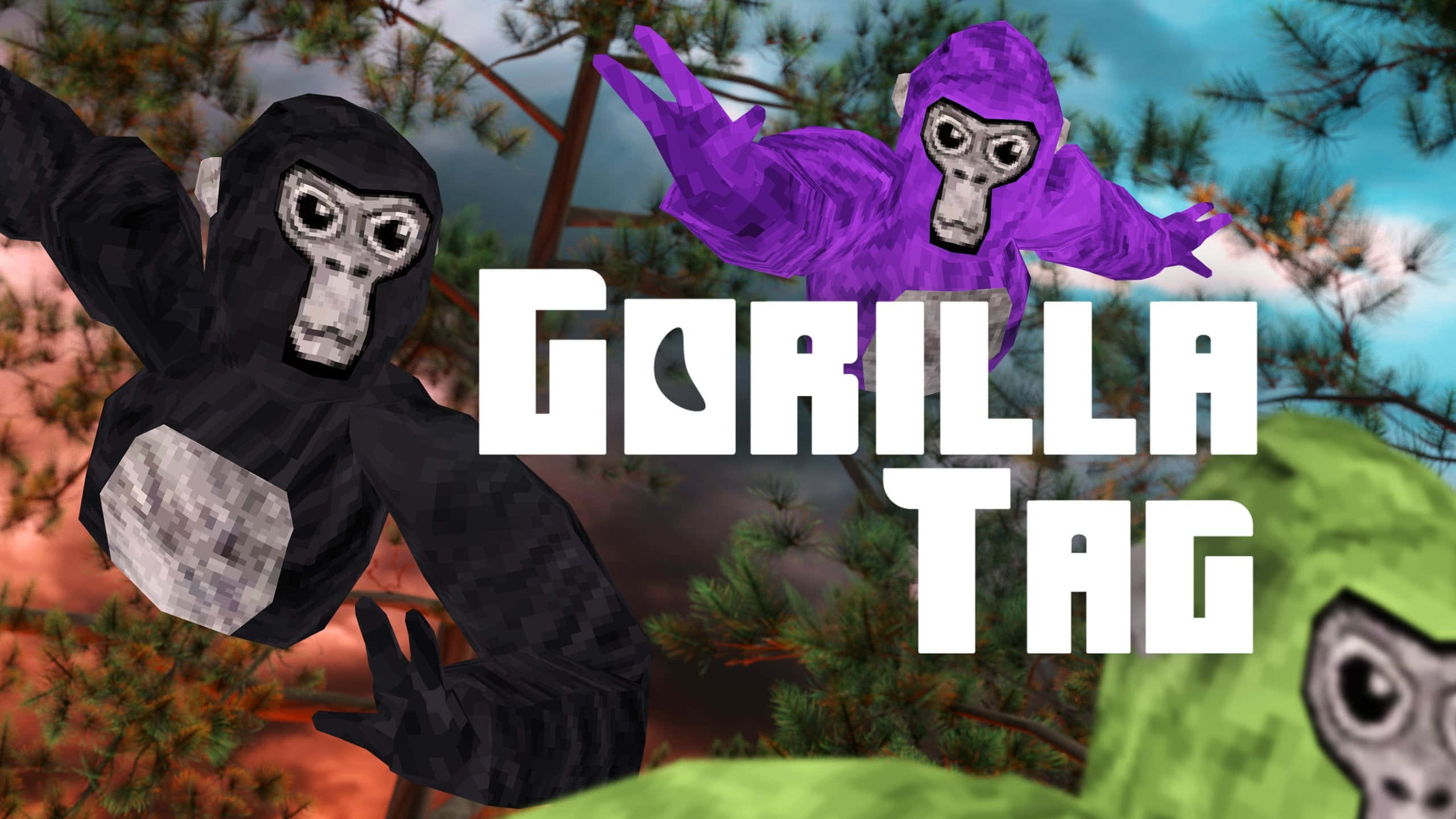 Gorilla Tag 桌布 壁紙 — 色彩鮮豔的像素藝術大猩猩在森林背景下玩捉迷藏，並帶有粗體遊戲標題文字。