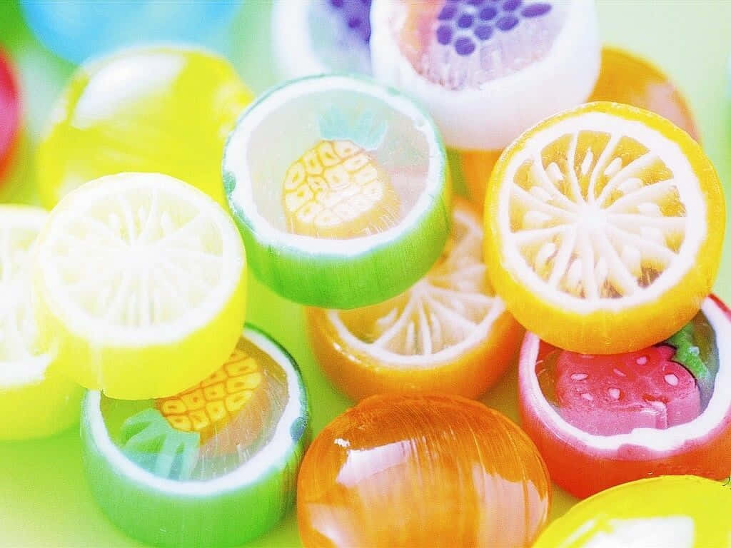 彩色動圖 桌布 壁紙 — 色彩鮮豔的半透明軟糖，切成柑橘類水果和莓果的形狀，閃爍著多汁的真實感。
