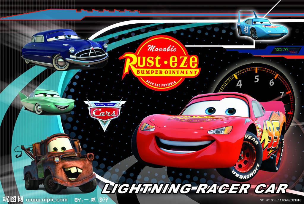 Lightning Mcqueen 桌布 壁紙 — 色彩鮮豔的卡通賽車帶有面孔，在動態賽道背景上疾馳，背景包括贊助商標誌和速度計。