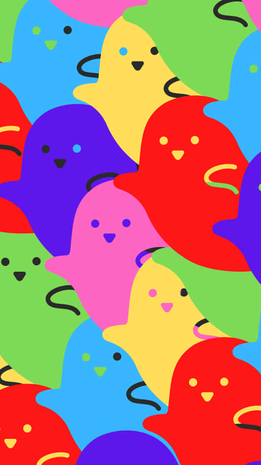 iPhone Cute Halloween 桌布 壁紙 — 色彩鮮豔的卡通鬼魂以大膽的色調重疊，形成有趣的重复圖案。