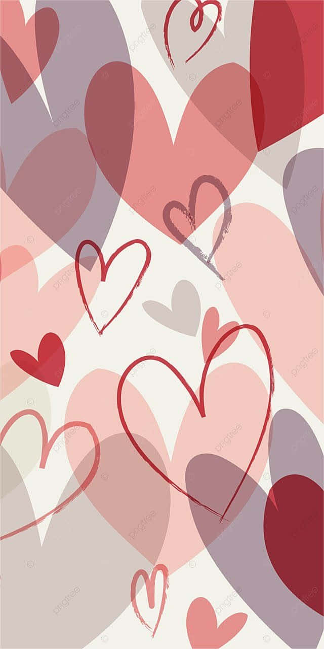 Red Hearts 桌布 壁紙 — 色彩鮮豔的壁紙，以紅色、粉紅色和紫紅色調的重疊心形圖案為主，帶有草圖般的輪廓和柔和漸變。