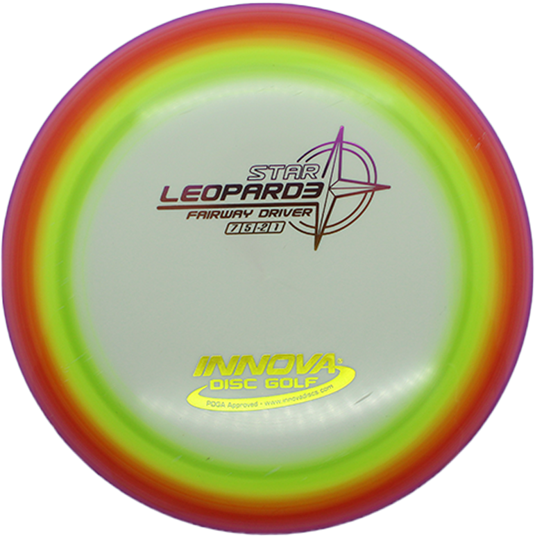 飛盤 桌布 壁紙 — 色彩鮮豔的彩虹色 Innova Star Leopard3 飛盤高爾夫驅動器，帶有粗體文字和星星標誌，背景為純黑色。