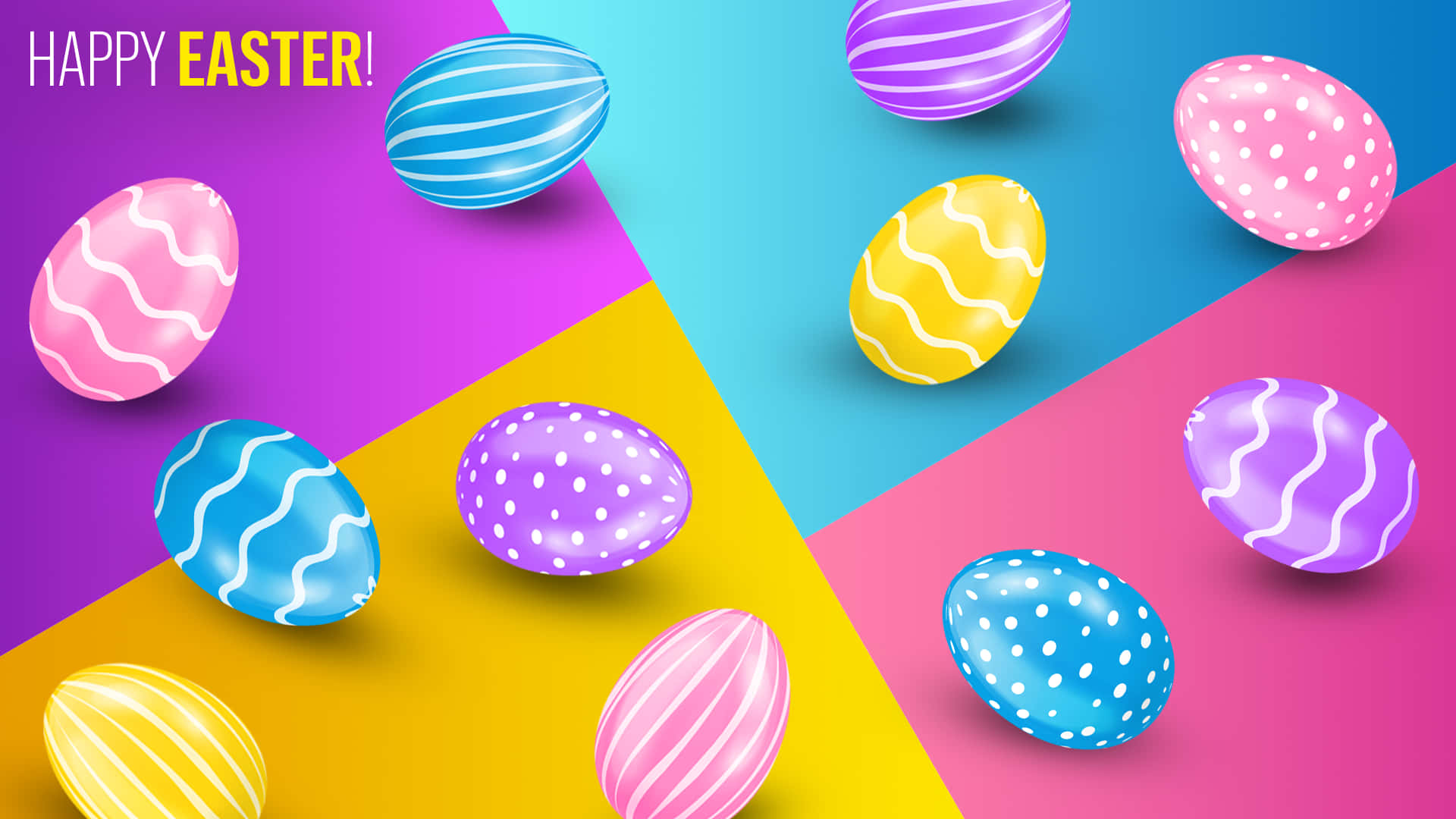 Easter Zoom 桌布 壁紙 — 色彩鮮豔的復活節彩蛋帶有波浪和點狀圖案，漂浮在粉紅色、黃色和藍色的醒目幾何背景上。