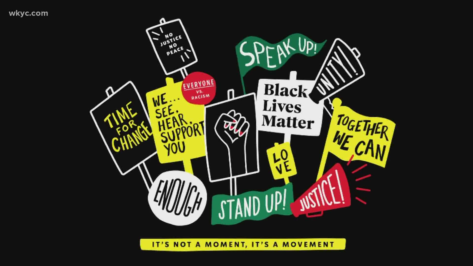 Racism 桌布 壁紙 — 色彩鮮豔的抗議標語牌，上面寫著 Black Lives Matter 和 Speak Up! 等口號，在純黑背景上浮現。