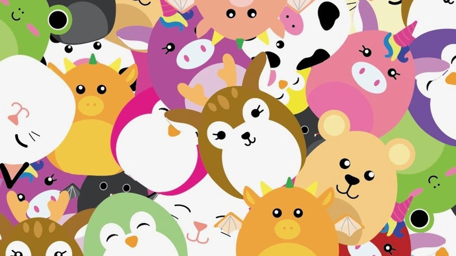 明亮柔和色調中，一系列歡樂的卡通動物。 — Squishmallows 壁紙