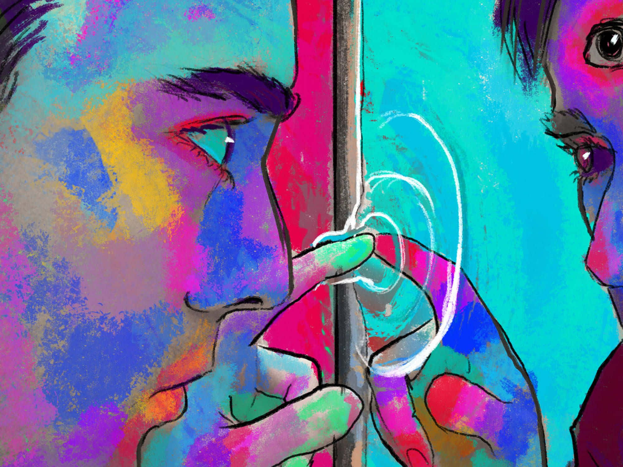 Psychedelic Grunge 桌布 壁紙 — 色彩鮮豔的插圖，描繪兩個人透過牆壁裂縫低語，伴隨著旋轉的音波。