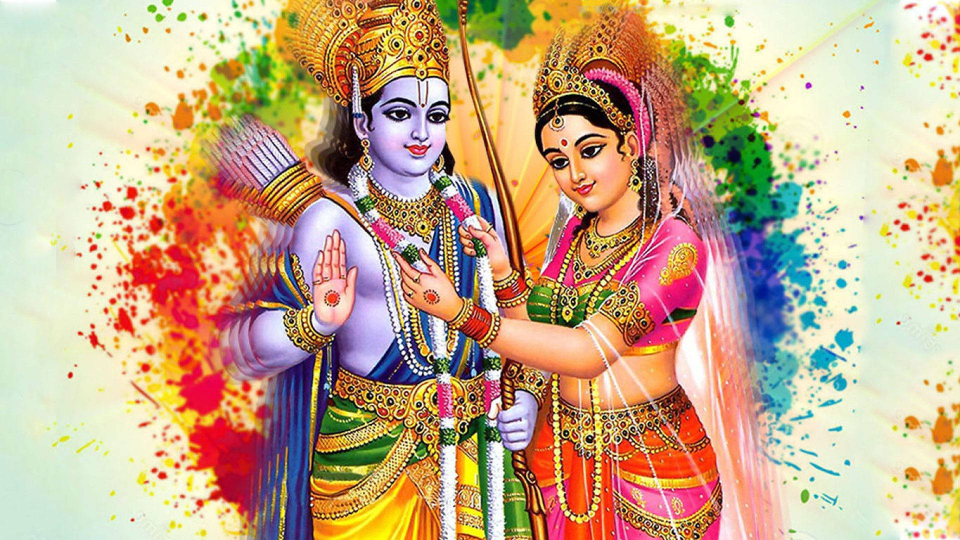 Sita 桌布 壁紙 — 色彩鮮豔的插圖，描繪印度教神祇克里希納和拉達，身著華麗珠寶和傳統服飾，背景是充滿活力的顏料潑濺效果。