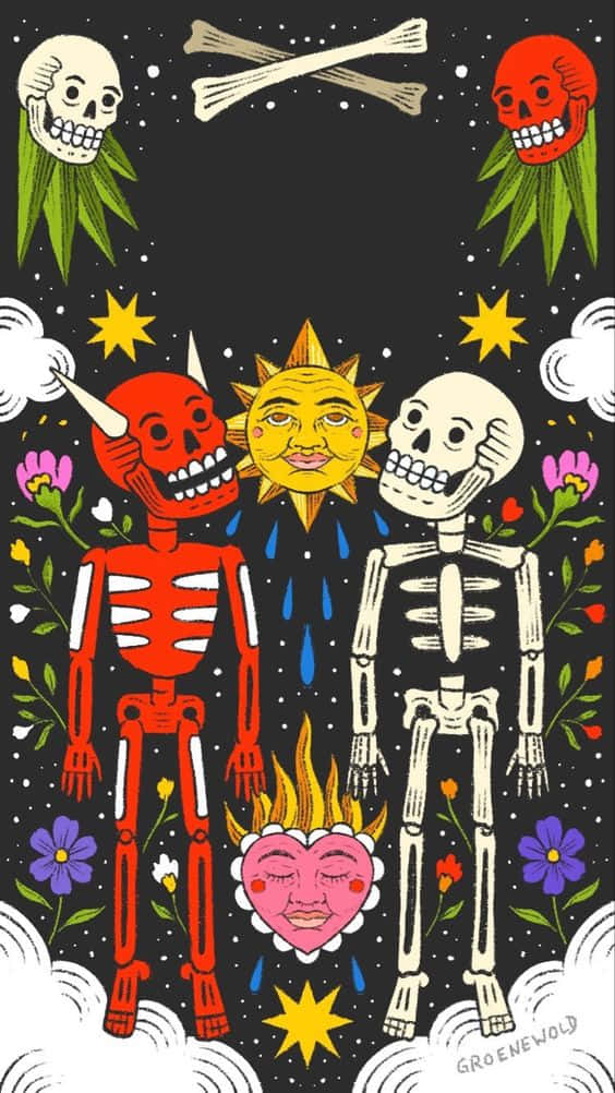 Hispanic 桌布 壁紙 — 色彩鮮豔的插圖骷髏和頭骨，搭配花朵和星星，襯托在黑暗的夜空下。