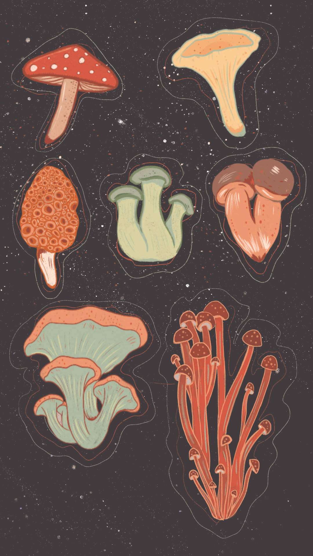 Mushroom Aesthetic 桌布 壁紙 — 色彩鮮豔的插畫蘑菇在星光宇宙背景上漂浮，帶有柔和發光的輪廓。