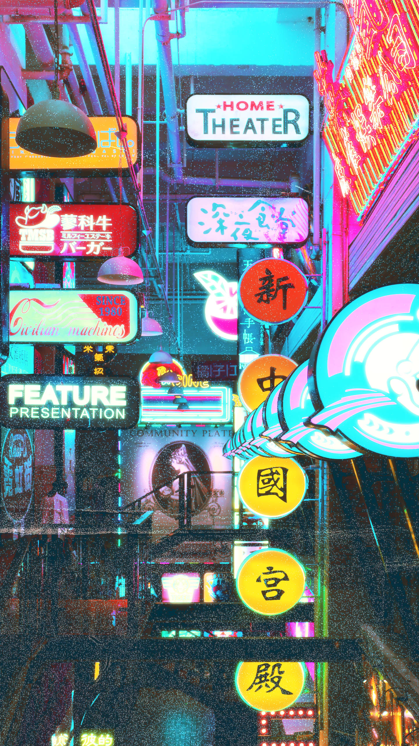 lights 桌布 壁紙 — 色彩鮮豔的日文和英文霓虹招牌在雨夜的都市小巷中閃耀。