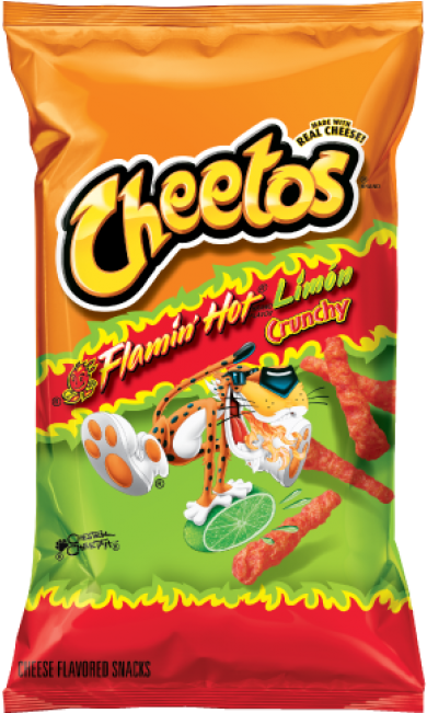 Clip Art 桌布 壁紙 — 色彩鮮豔的橙色和綠色包裝，內有Cheetos Flamin' Hot Limon Crunchy起司味零食，並印有吉祥物獵豹。