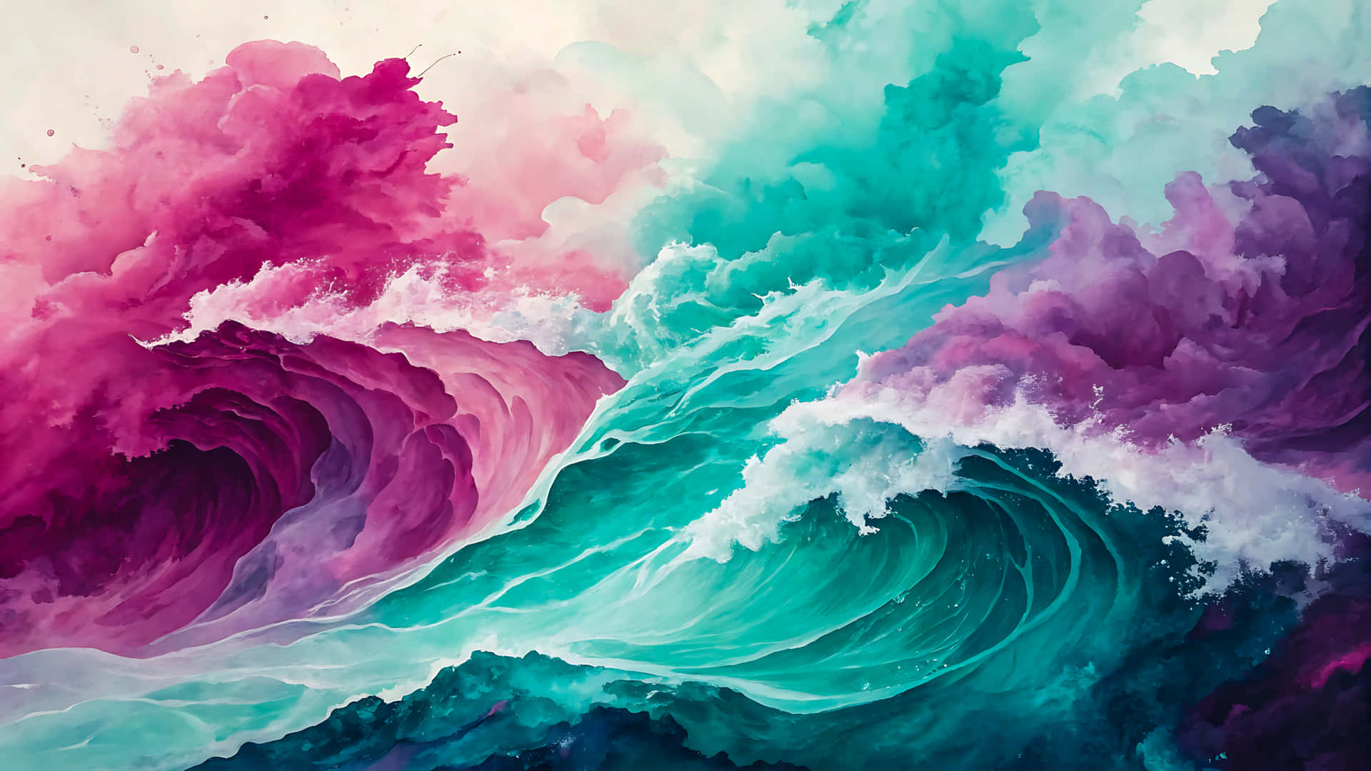 Colorful ocean waves with pink, purple, and turquoise hues illustration 壁紙 — 色彩鮮豔的波浪以超現實水彩風格破碎，洋紅色、藍綠色和紫色色調融合成泡沫般的白色波峰。