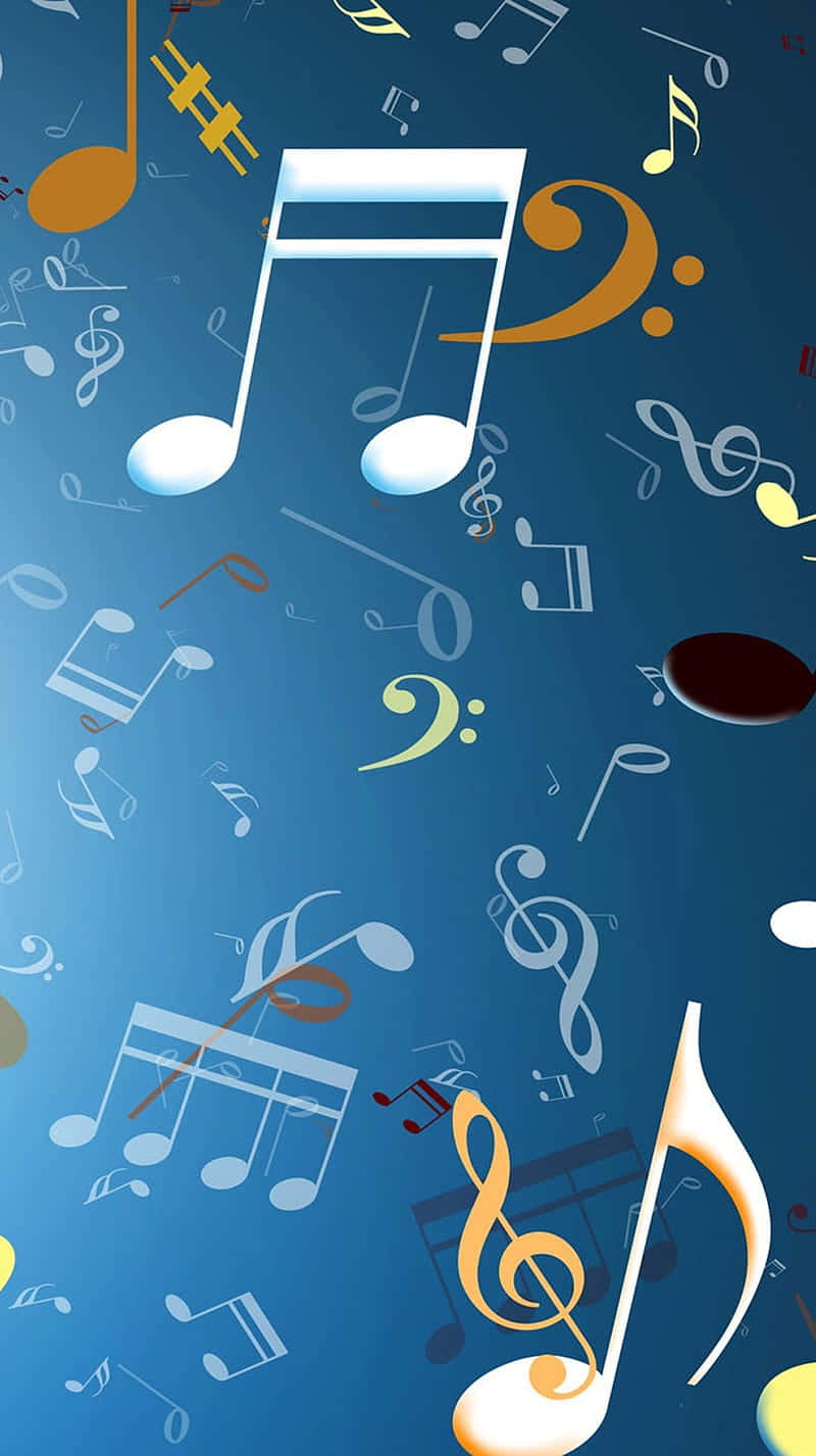 Music Notes 桌布 壁紙 — 色彩鮮豔的浮動音符和符號在漸變藍色背景上飄移。