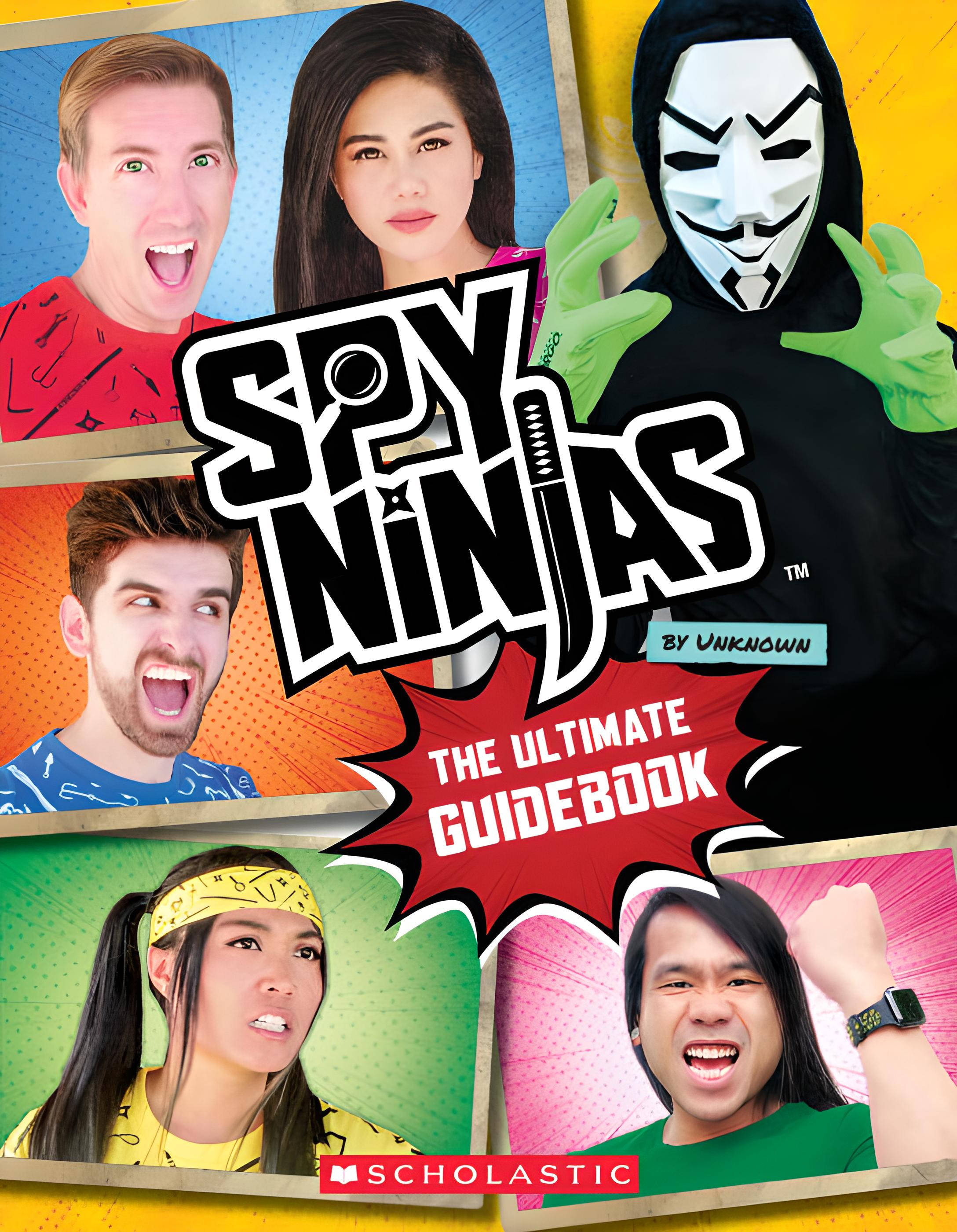 Spy Ninja 桌布 壁紙 — 色彩鮮豔的漫畫書封面，有五個表情豐富的年輕人和一個戴面具的人物圍繞著粗體的「Spy Ninjas」文字。
