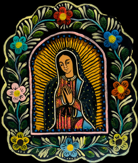 Virgin Mary 桌布 壁紙 — 色彩鮮豔的瓜達盧佩聖母宗教聖像，以彩色花卉邊框鑲嵌在黑色背景上。