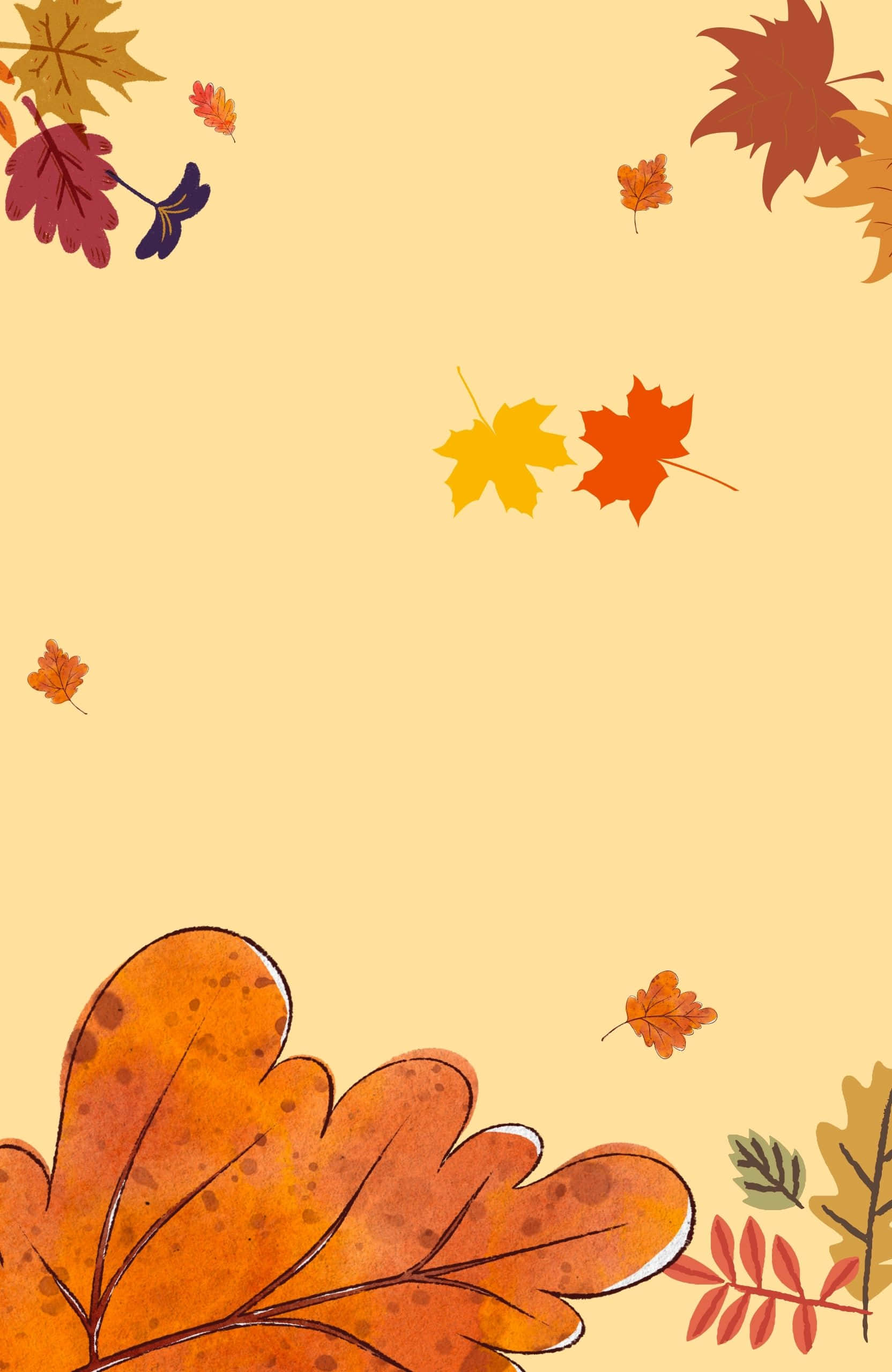 Best Fall 桌布 壁紙 — 色彩鮮豔的秋葉以溫暖色調在水彩插圖中優雅地漂浮在柔和的米色背景上。