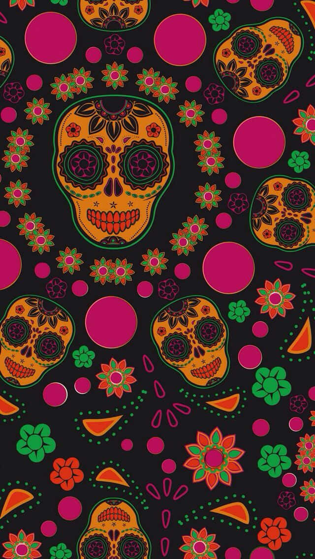 Girly Skull 桌布 壁紙 — 色彩鮮豔的糖骷髏頭和花朵以大膽色調點綴深色背景，形成節日重複圖案。