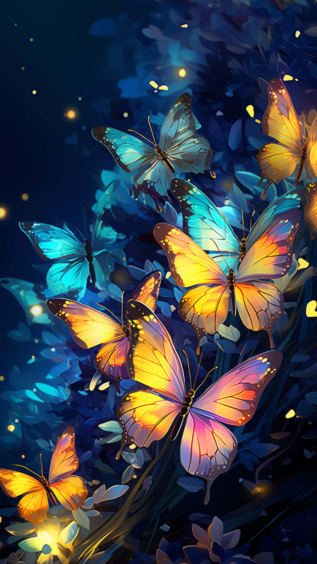 Blue Morpho Butterfly art 壁紙 — 色彩鮮豔的蝴蝶閃爍著發光的翅膀，在深藍色樹葉間飛舞，背景是星空。